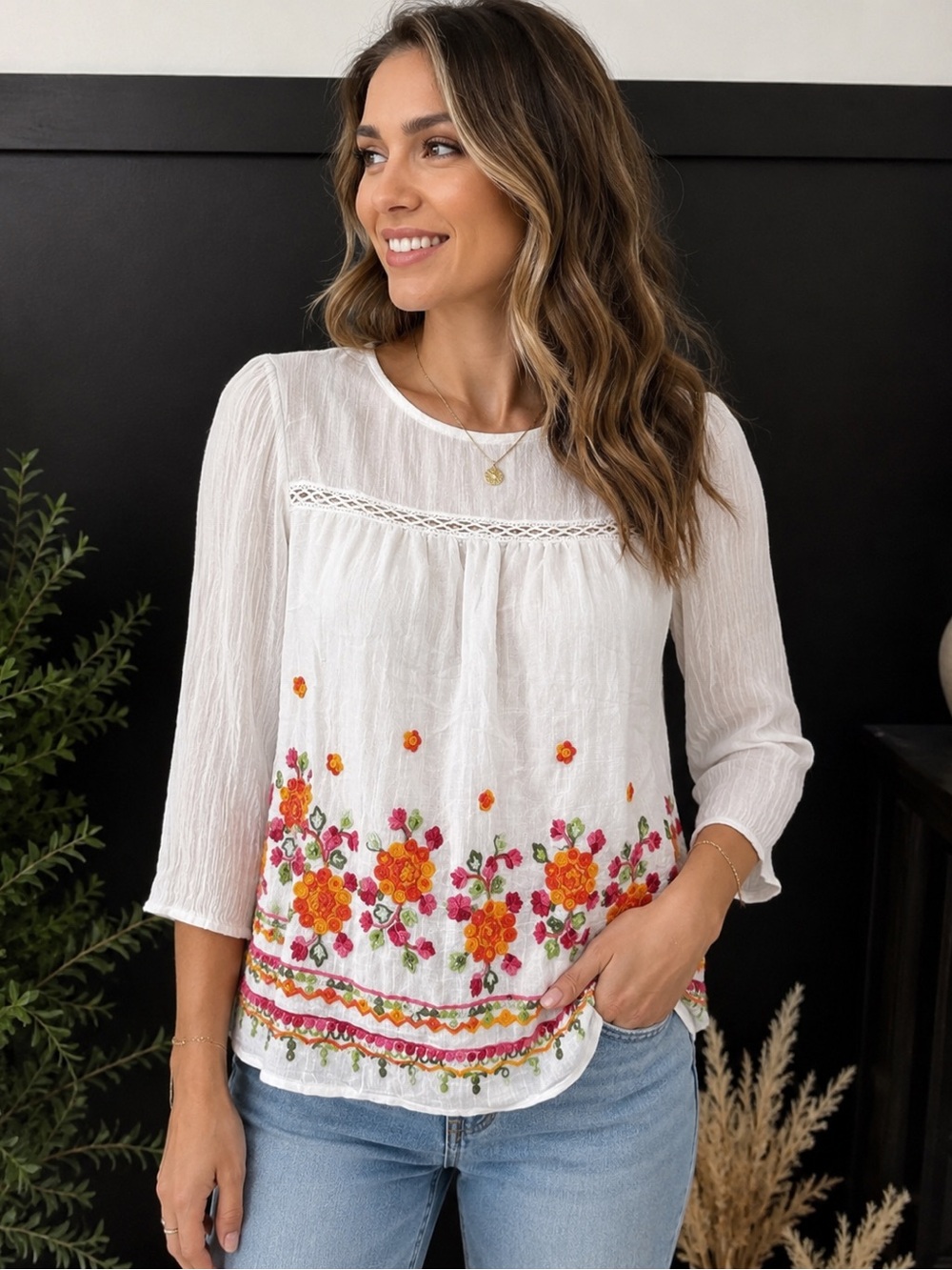 Figueroa & Flower Embroidered Boho Peasant Top | Medium | Like New